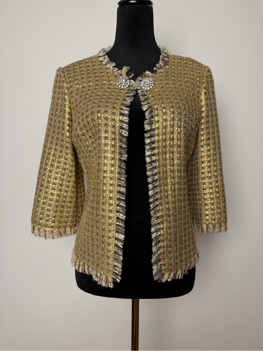 Trina Turk Gold Tweed Fringed Jacket/Skirt set with Rhinestone Clasps